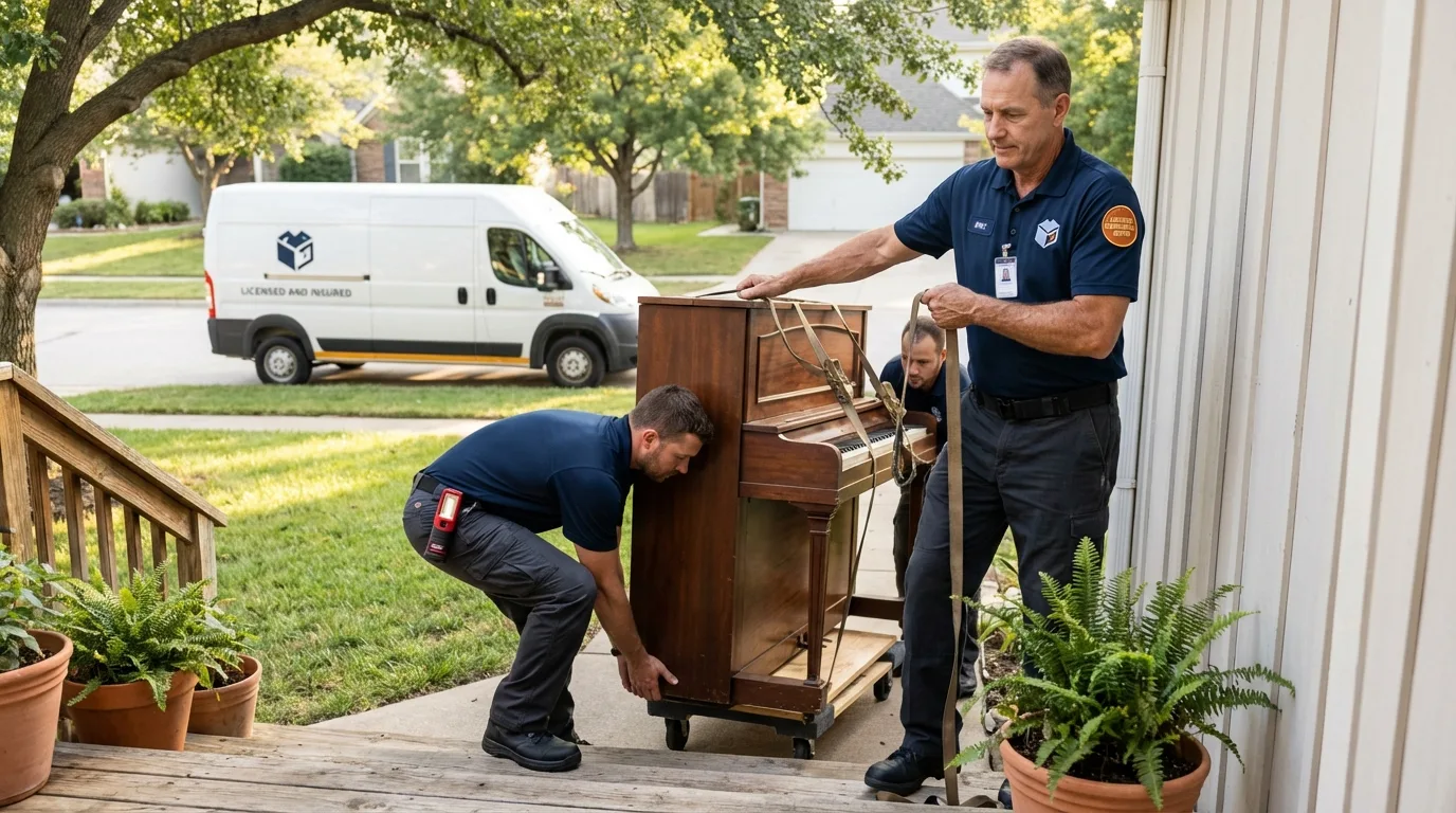 Licensed piano movers securing grand piano in Salem, MO