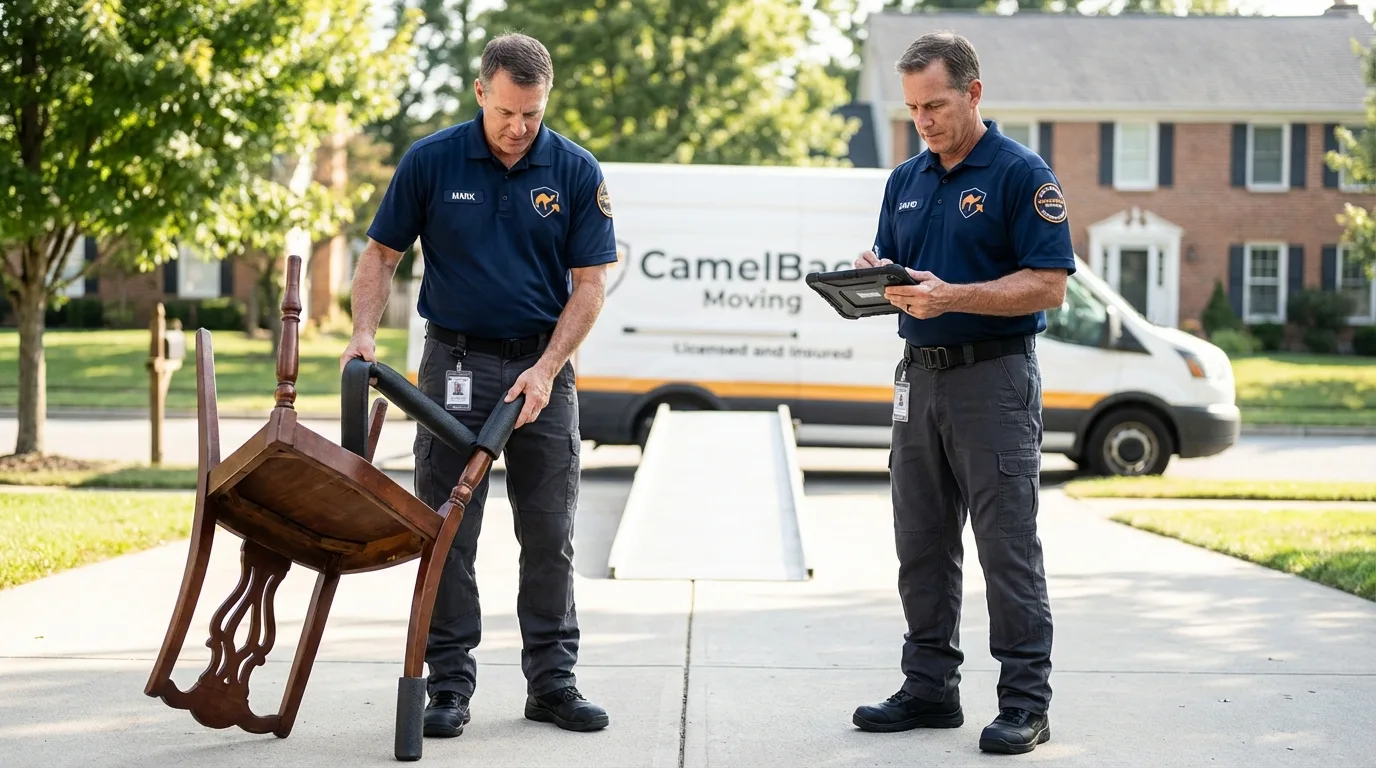 Movers inspecting furniture for damage prevention before loading in Salem, MO